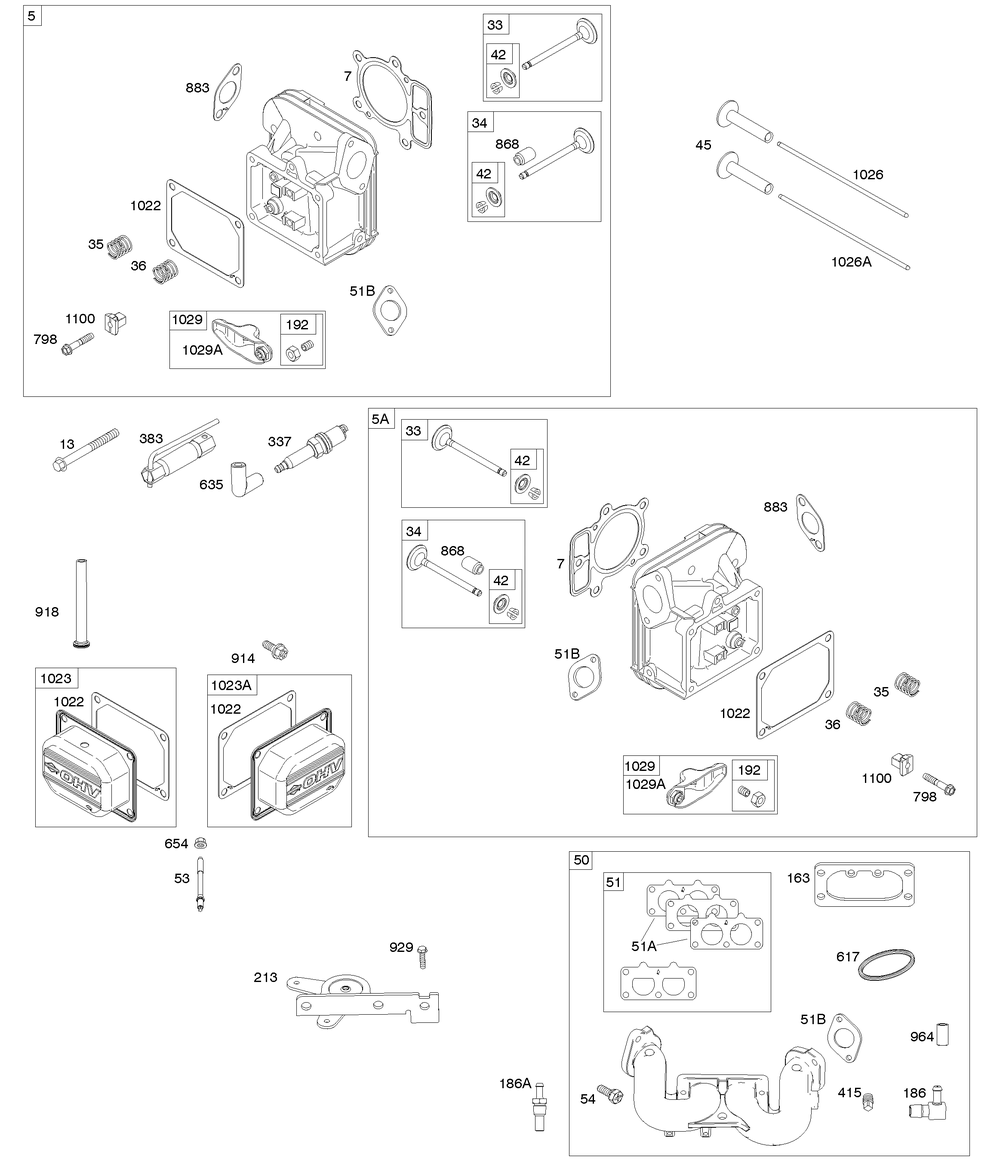 Cylinder Head, Rocker Arm Cover, Intake Manifold Diagram and Parts List for 44R677-0003-G1 400000 - 699999 Briggs and Stratton Engine